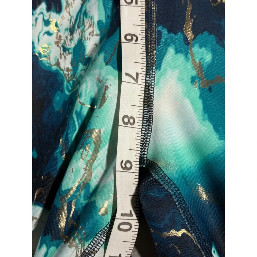 Old Navy Active PowerSoft Leggings Blue Marble Gold Foil High Rise Women L 10-12